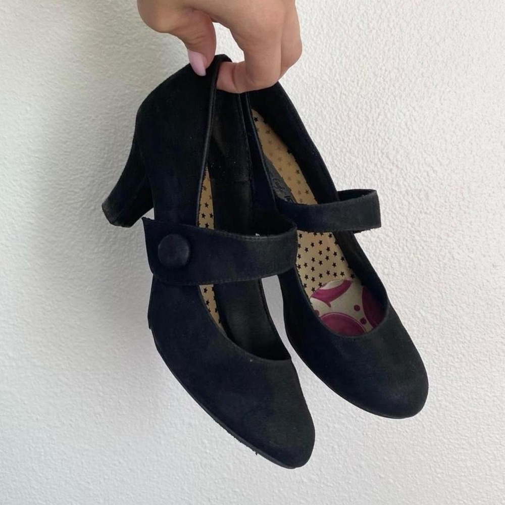Y2K Ameican Eagle Mary Jane Faux Black Suede Pump Heel Strap Witchy Dark